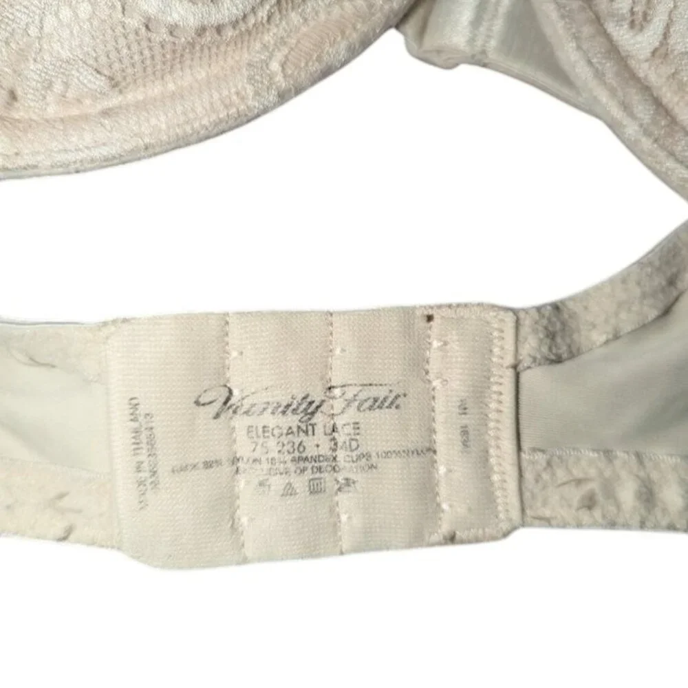 *3 FOR $9* Vanity Fair Elegant Lace Beige Lightly Padded Underwire Bra 34D - Picture 4 of 4